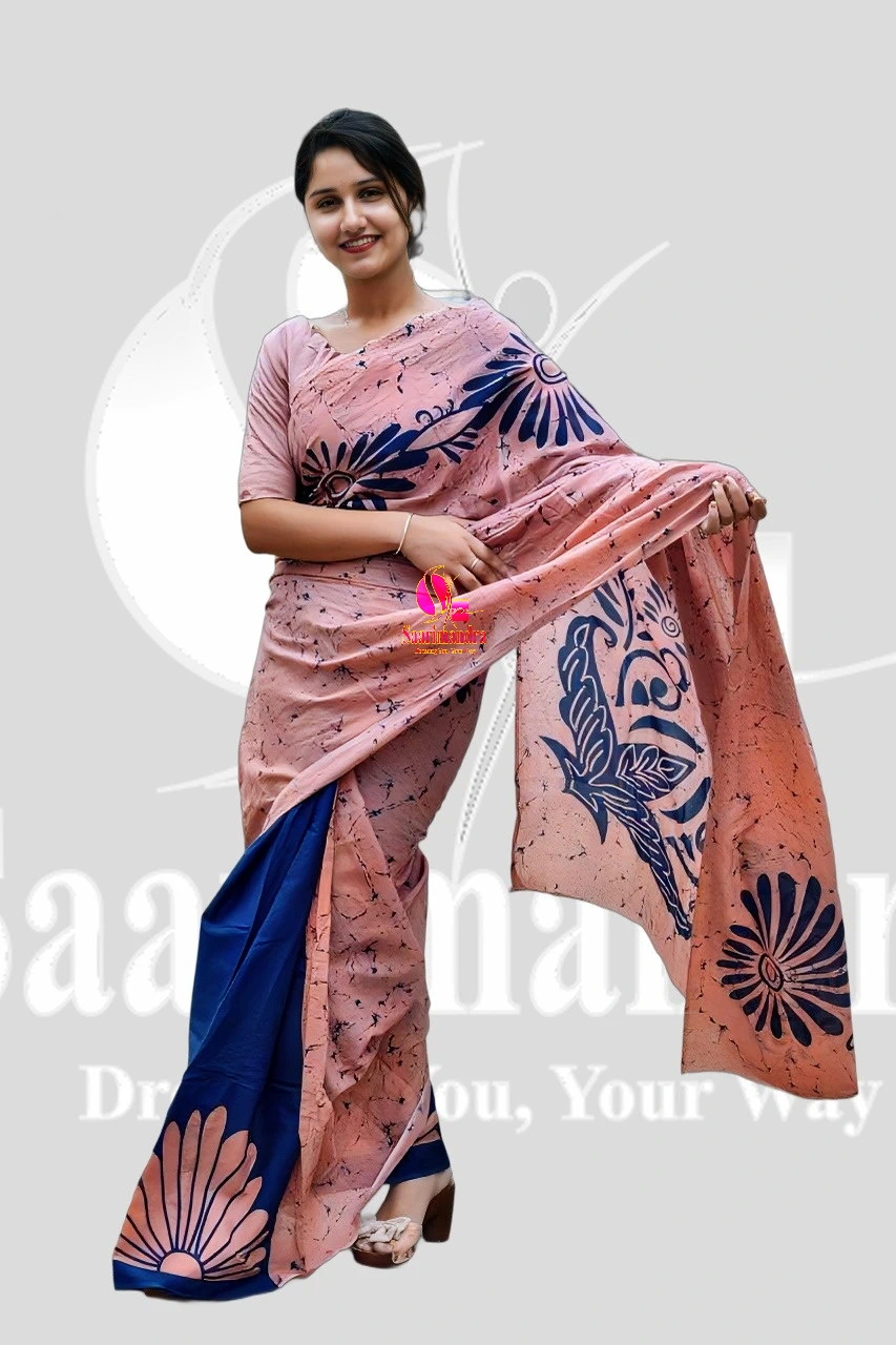 Batik Indian Premium Elegant Peach & Navy Floral Printed Batik Cotton Saree